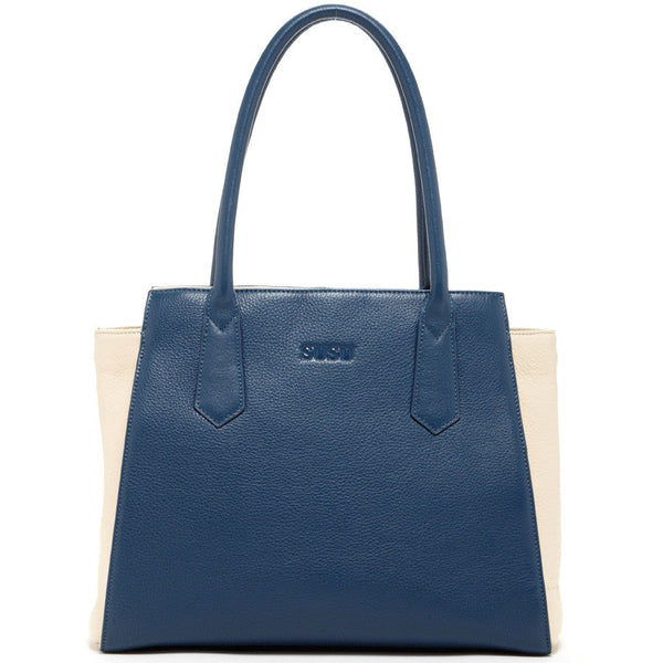 SUSU Jody Blue Ivory Leather Tote Shoulder Bag