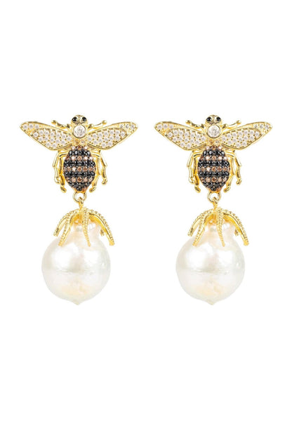 Latelita London Baroque Pearl Honey Bee Drop Earrings Gold