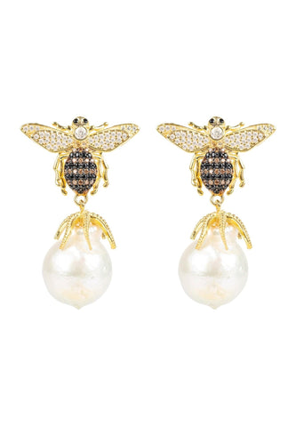 Latelita London Baroque Pearl Honey Bee Drop Earrings Gold