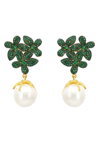 Latelita London Flowers Pearl Earrings Emerald Green Gold