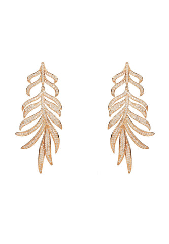 Latelita London Feathered Leaf Statement Drop Earrings Rosegold