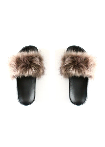 Knotty Faux Fur Slides Taupe