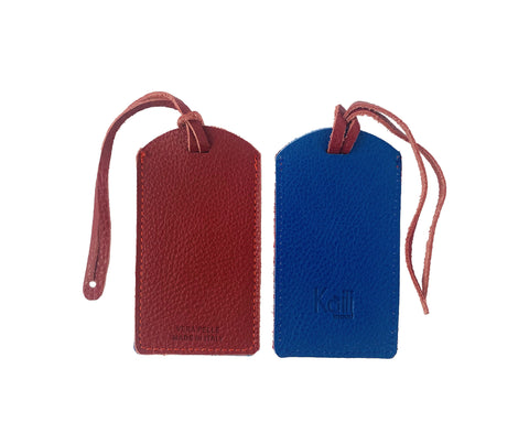 K0041VDB | Two-tone luggage tag Made in Italy in genuine full-grain leather, dollar grain - Red/blue color - Dimensions: 6.5 x 12 cm - Packaging: Rigid bottom/lid gift box-0