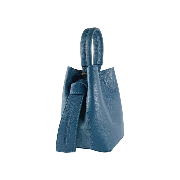 RB1006P | Bucket Bag with Clutch in Genuine Leather Made in Italy. Shoulder bag with shiny gold metal lobster clasp attachments - Avio color - Dimensions: 16 x 14 x 21 cm + Handle 13 cm-0