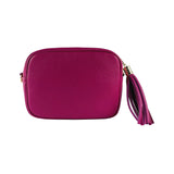 RB1007BE | Women's shoulder bag in genuine leather Made in Italy. Removable shoulder strap. Attachments with shiny gold metal snap hooks - Fuchsia color - Dimensions: 20 x 15 x 7 cm-3