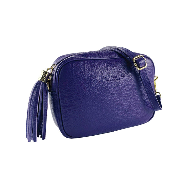 RB1007Y | Women's shoulder bag in genuine leather Made in Italy. Removable shoulder strap. Attachments with shiny gold metal snap hooks - Purple color - Dimensions: 20 x 15 x 7 cm-0