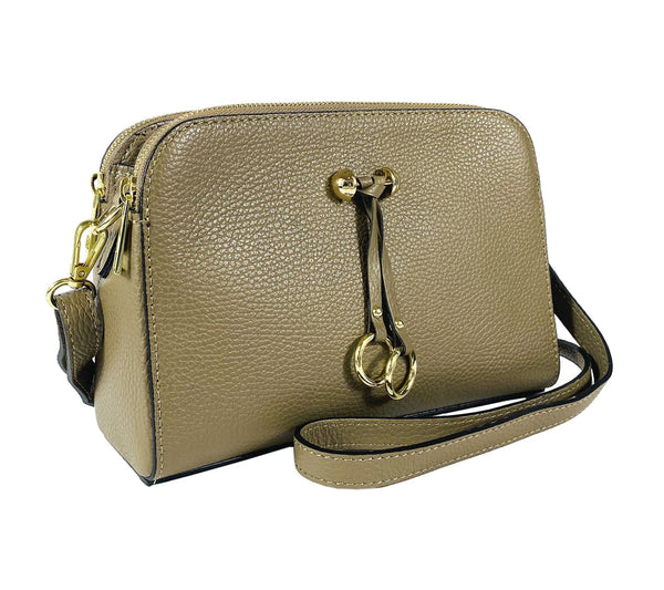 RB1011AQ | Women's shoulder bag in genuine leather Made in Italy. Removable shoulder strap. Attachments with shiny gold metal snap hooks - Taupe color - Dimensions: 25 x 17 x 10 cm-0