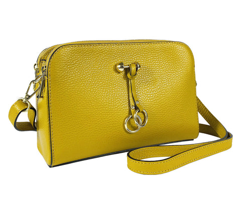 RB1011AR | Women's Shoulder Bag in Genuine Leather Made in Italy. Removable shoulder strap. Attachments with shiny gold metal snap hooks - Mustard colour - Dimensions: cm 25 x 17 x 10-0