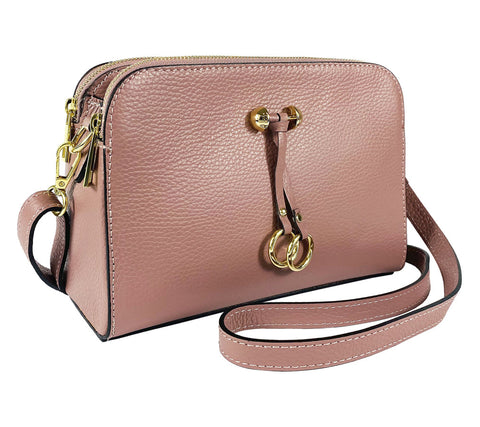 RB1011AZ | Women's shoulder bag in genuine leather Made in Italy. Removable shoulder strap. Attachments with shiny gold metal snap hooks - Antique pink color - Dimensions: 25 x 17 x 10 cm-0