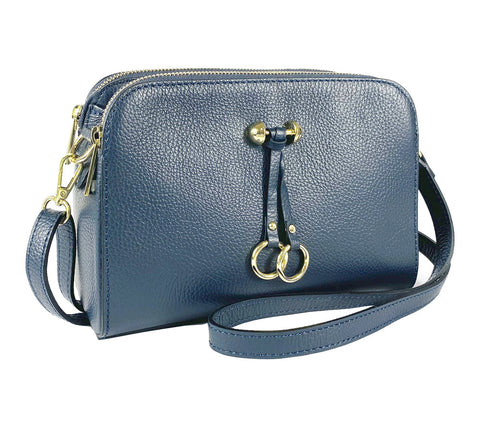 RB1011D | Women's shoulder bag in genuine leather Made in Italy. Removable shoulder strap. Attachments with shiny gold metal snap hooks - Blue color - Dimensions: 25 x 17 x 10 cm-0