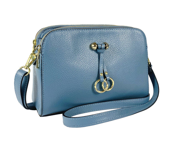 RB1011P | Women's shoulder bag in genuine leather Made in Italy. Removable shoulder strap. Attachments with shiny gold metal snap hooks - Avio color - Dimensions: 25 x 17 x 10 cm-0