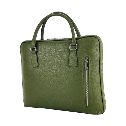 RB1019E | Unisex Business Briefcase in Genuine Leather Made in Italy with removable shoulder strap. Attachments with shiny nickel metal snap hooks - Green color - Dimensions: 37 x 29 x 6.5 cm-0