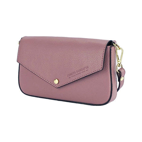 RB1023AZ | Small Shoulder Bag with Removable Chain Shoulder Strap in Genuine Leather Made in Italy. Closing flap. Shiny Gold metal accessories - Antique Pink color - Dimensions: 22 x 12 x 3 cm-0