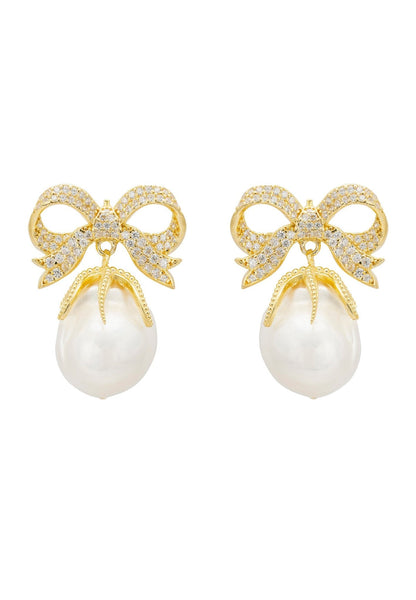 Latelita London Baroque Pearl Ribbon and Bows Drop Earrings Gold