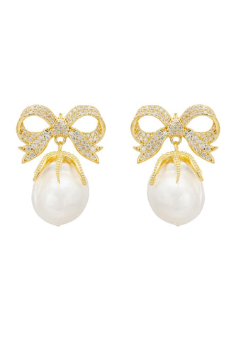 Latelita London Baroque Pearl Ribbon and Bows Drop Earrings Gold