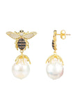 Latelita London Baroque Pearl Honey Bee Drop Earrings Gold