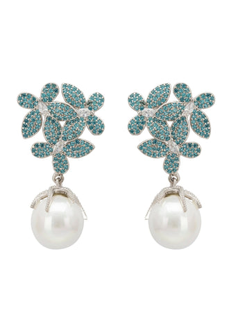 Latelita London Flowers Pearl Earrings Aqua Blue Silver